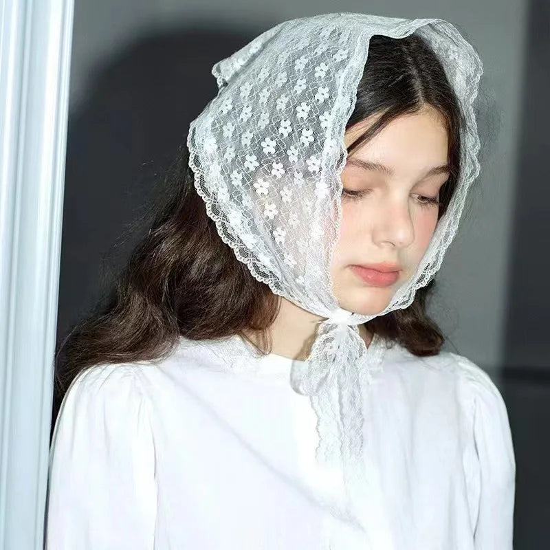 Elegant Lace Floral Hair Scarf Women Triangle Headscarf Korean Lace Up Neck Scarf Lace Flower Sunscreen Travel Photo Headband