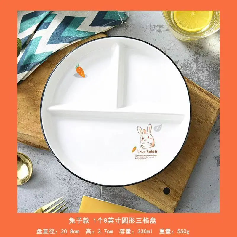 Ceramic Plate Cartoon Fat-reducing Sub-plate, Sub-plate, Household Dish Plate, Three-plate Breakfast Plate, Tableware Gift Set