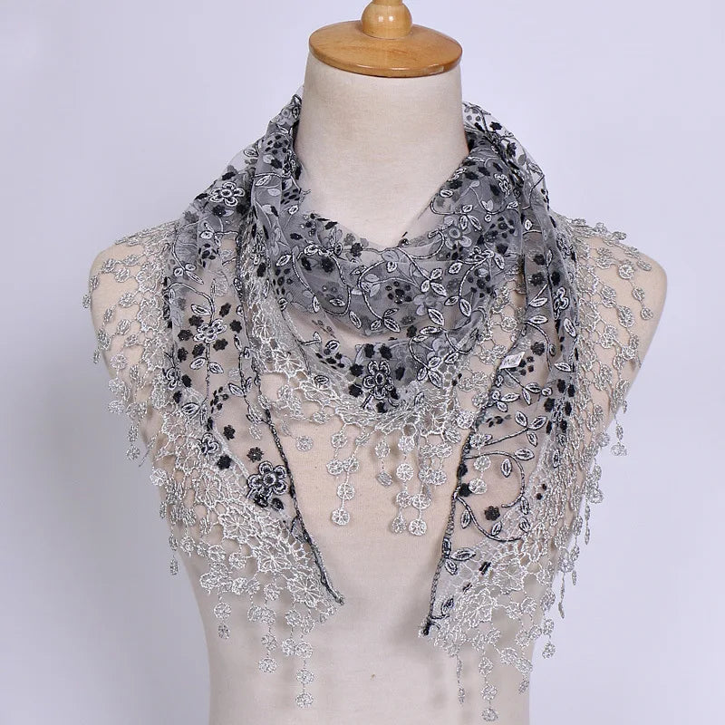Women Embroidered Lace Tassel Scarf Triangle Fringe Solid Color Shawls Fashion Lightweight Prayer Hijab 150*40cm