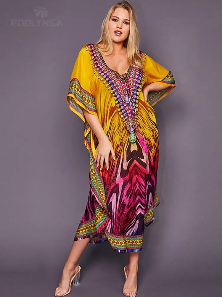 2025 Quick-drying Bohemian Printed Loose Summer Beach Dress Moroccan Kaftan Women Plus Size Beachwear Tassel Midi Dress Q897