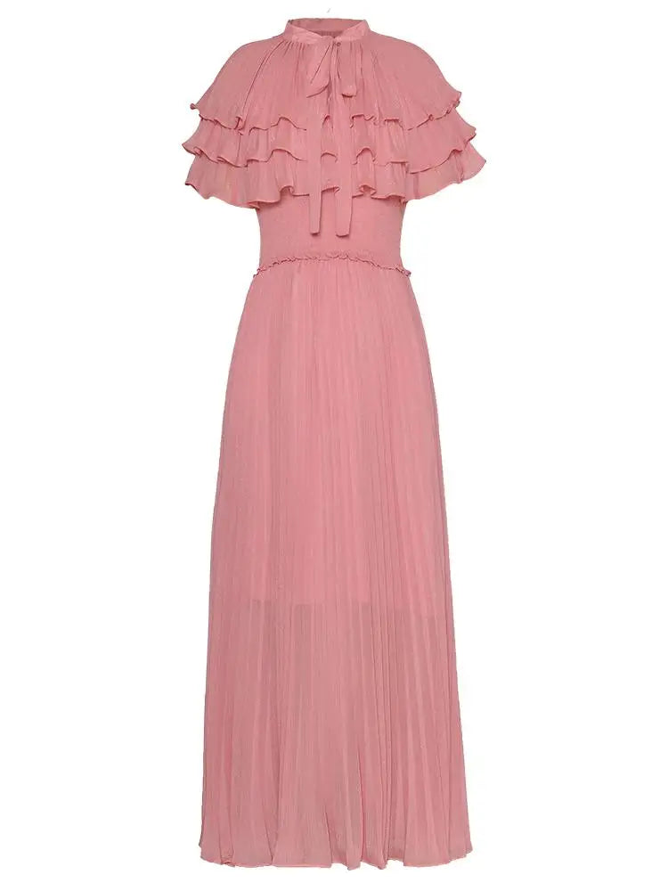 Lace Up Tie Collar Lady Dress 2025 Summer Cloak Stretch Waist Pleated Elegant Large Hem Shiny Women's Long Chiffon Dresses