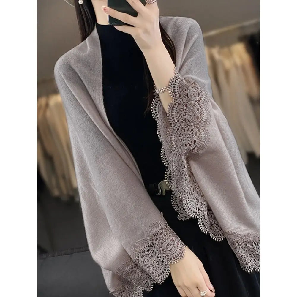 Fashion Women Wool Knitted Shawl Spring Autumn Breathable Lace Edge Scarf Skin Friendly Luxury Brand Design Cloak Shawl