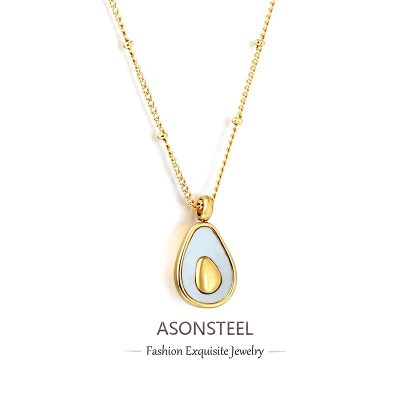 ASONSTEEL Fashion Gold Plated Fruit Pendant Necklace For Women Stainless Steel Jewelry Avocado Natural Shell Glossy Waterproof