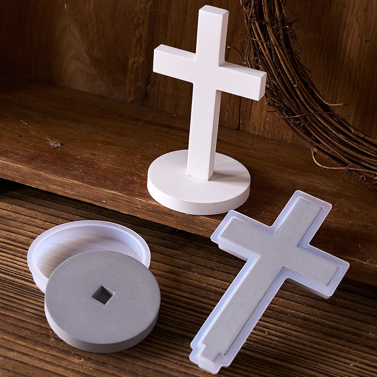 Church Cross Silicone Mold DIY Gypsum Concrete Pouring Table Ornaments Resin Mold 3D Cross Christian Sign with Base Crafts Gifts