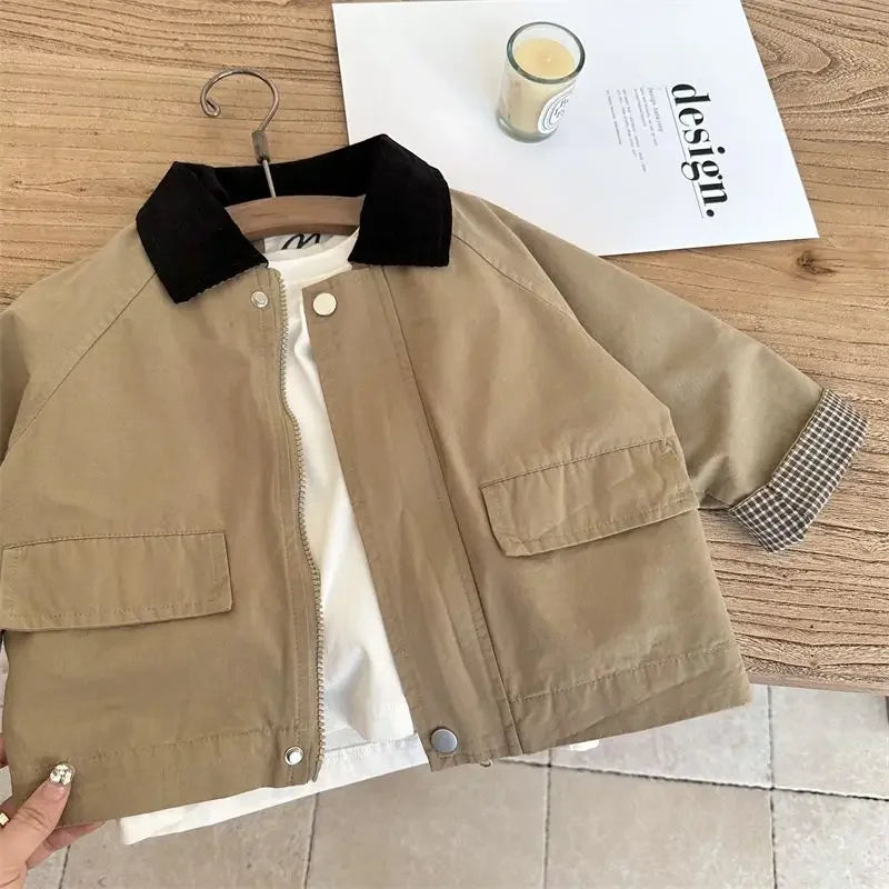 2023 Spring Loods Cotton Simple Clean Fashion Casual Comfortable Kid Unisex Outerwear Turn-down Collar Zipper Full Sleeve