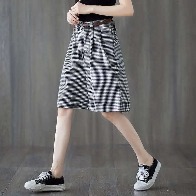 Cotton Linen Loose Plaid Large Size Wide Leg Women Summer Simplicity Office Lady Straight Fashion Appear Thin Casual Shorts