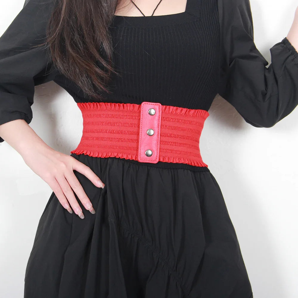 Ruffles Wide Belt Triple Buckle Elegant Elastic Waistband Decorative Dress Girdle for Women Large Size Luxury