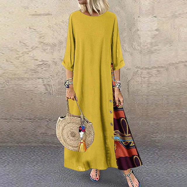 Cotton Linen Vintage Long Dresses Women Three Quarter Sleeves Splicing Print Loose A-line Dress Fashion Casual Lady Maxi Vestido