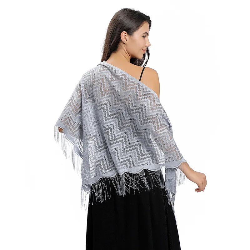 Elegant Lace Wavy Triangle Shawl Hollow Mesh Thin Breathable Tassel Scarf Party Evening Dress Versatile Shawl