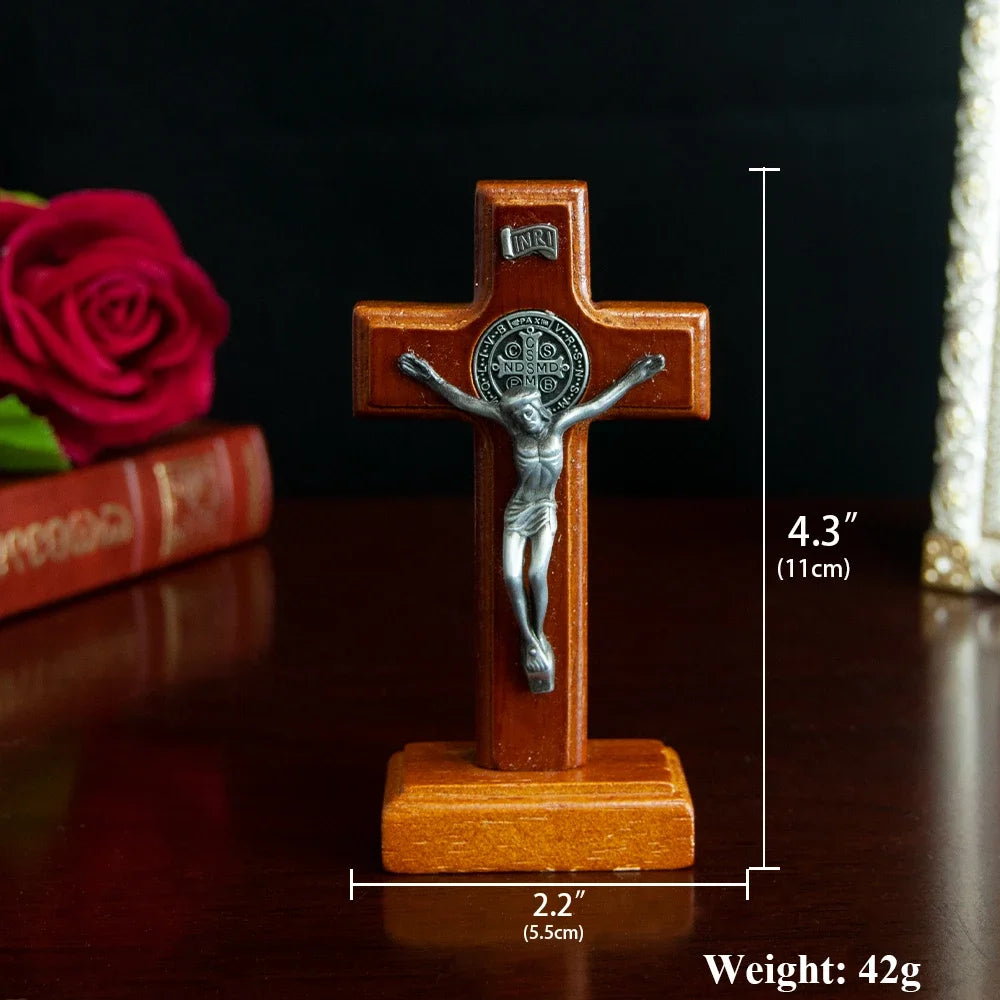 Catholic Wooden Cross with Base, Pray for your Family and Home, Handheld Religious Souvenir Statue of Jesus on Base