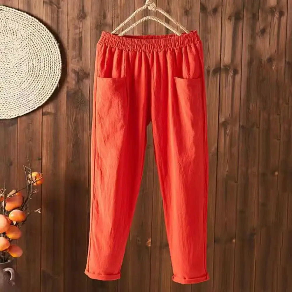 Cotton Linen Women Harem Pants Women Summer Casual Loose Harem Elastic Waist Cotton Linen Pants Ninth Trousers Wide-leg pants