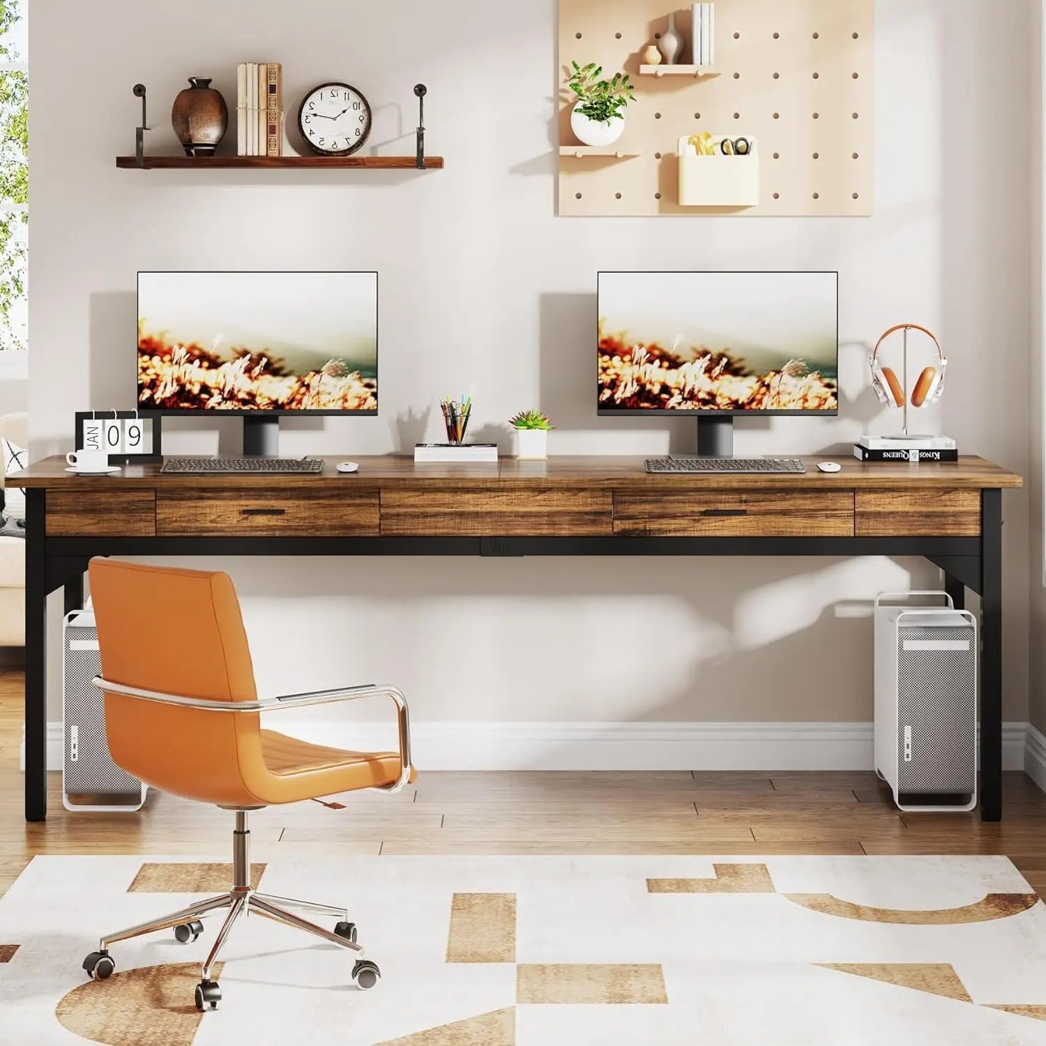 Computer Desk, 200 x 60 x 82 cm, Double Long Desk with 2 Drawers, Office Table, Work Table, Office Furniture