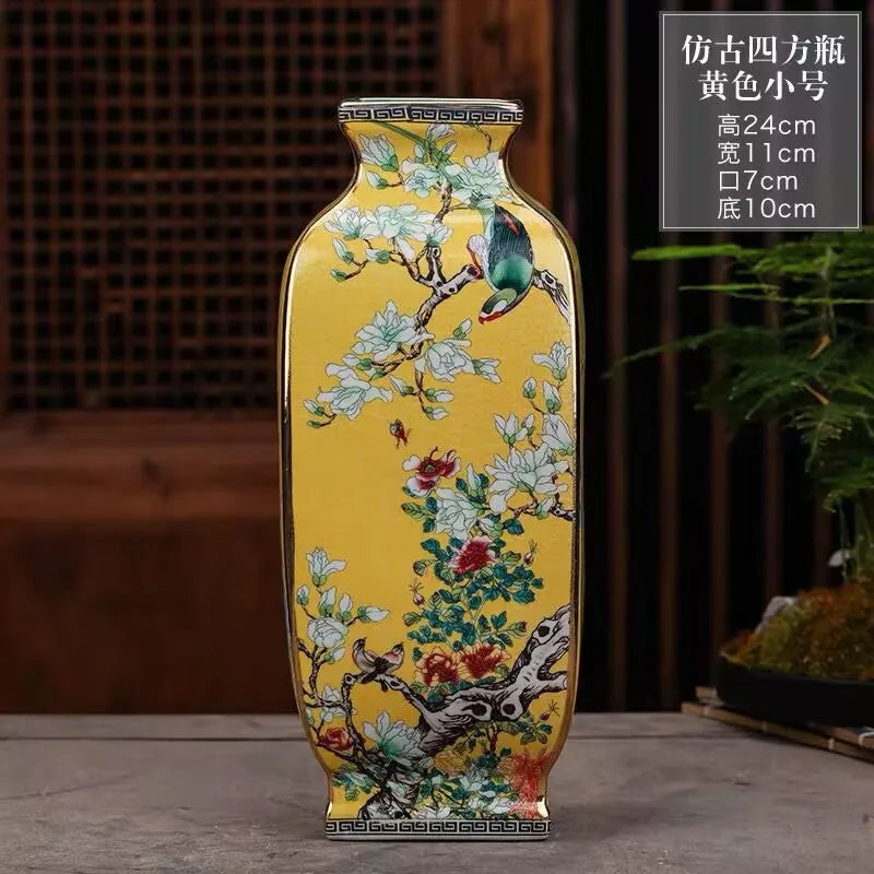 Chinese Ancient Enamel Color Flower Bird Ceramic Vase Collection Decoration Art Home Desk Retro Ornament Antique Porcelain Items
