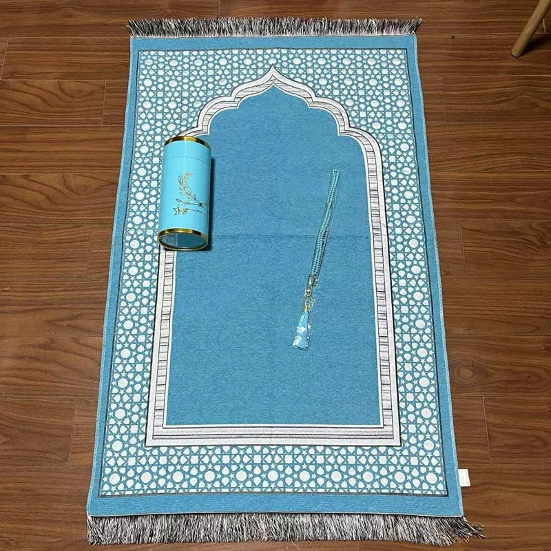 Muslim Prayer Mat with Rosary Beads and Gift Tube the Spire Pattern Islamic Rug Ramadan Decorative Floor Carpet Travel Gifts