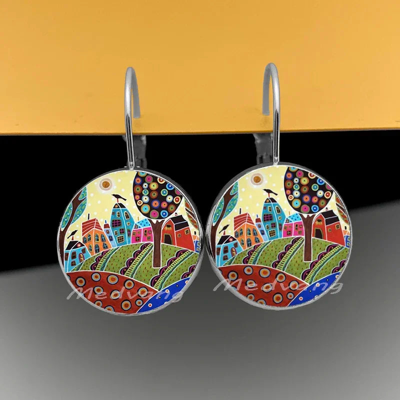 2024 Natural Scenery Earrings beautiful village Women Stud Earring  Abstract Oil Painting House Glass Cabochon Earrings  jewelry