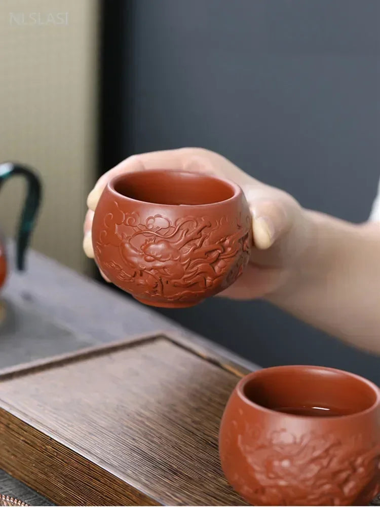 Chinese Hand Carving Purple Clay Teacup Outdoors Portable Tea Bowl Home Master Cup Traditional Zisha Tea Cup Home Drinkware