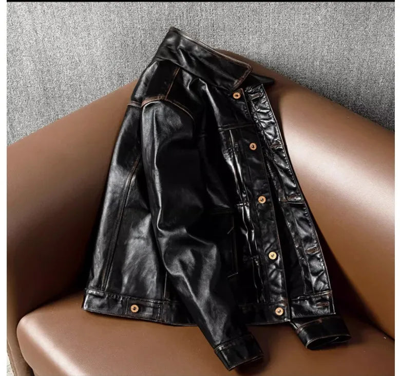 CC Shop Best.Classic American work leather jacket.Tea core Horsehide.Mens 100% natural leather coat.Vintage Denim 506 cloth