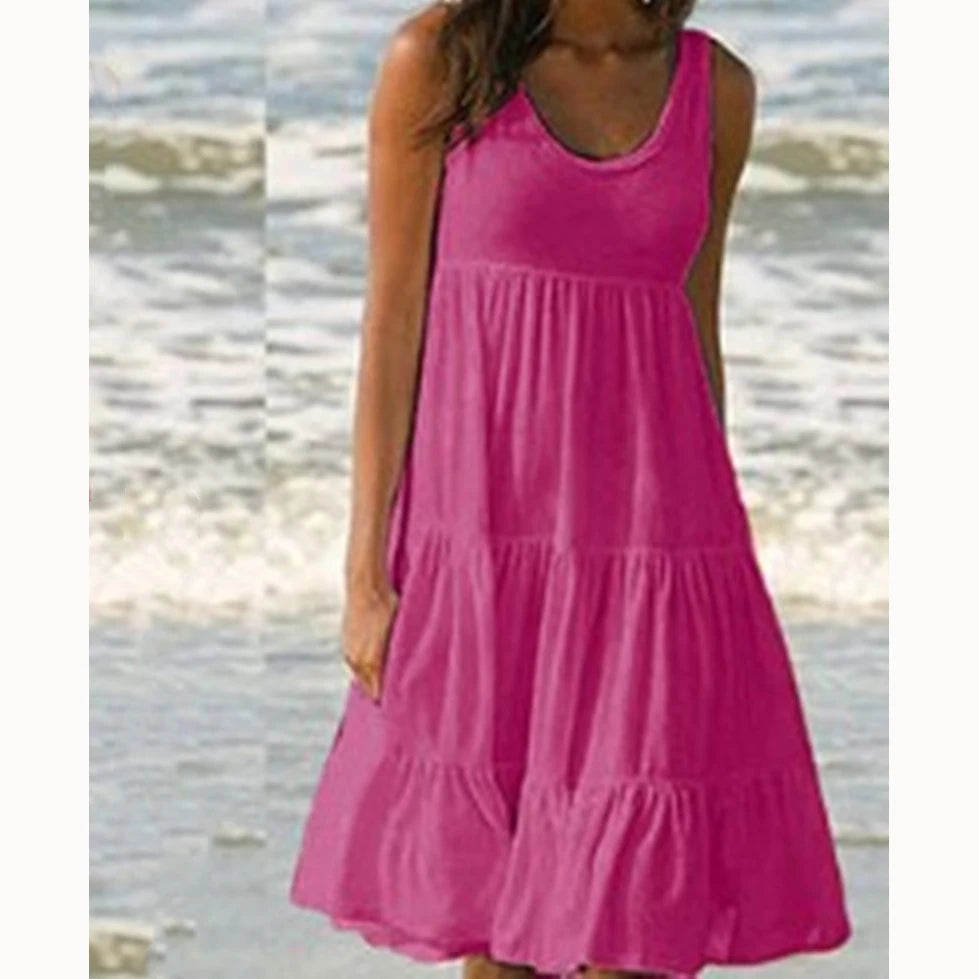 Women Causual O Neck Sleeveless Ruffles Mini Dress Boho Solid Beach Sundress Oversized Loose Dress 2023 Summer