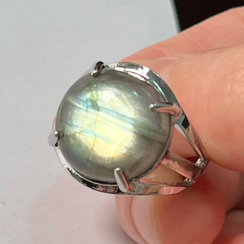 Ring Natural Stone Round Bead Blue Labradorite Adjustable Finger