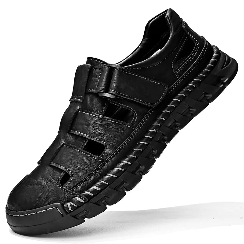 Summer Men Genuine Leather Outdoors Sandals Casual Leather Hollow Soft Bottom Breathable Soft Sole Shoes Classic Fashion Sandals