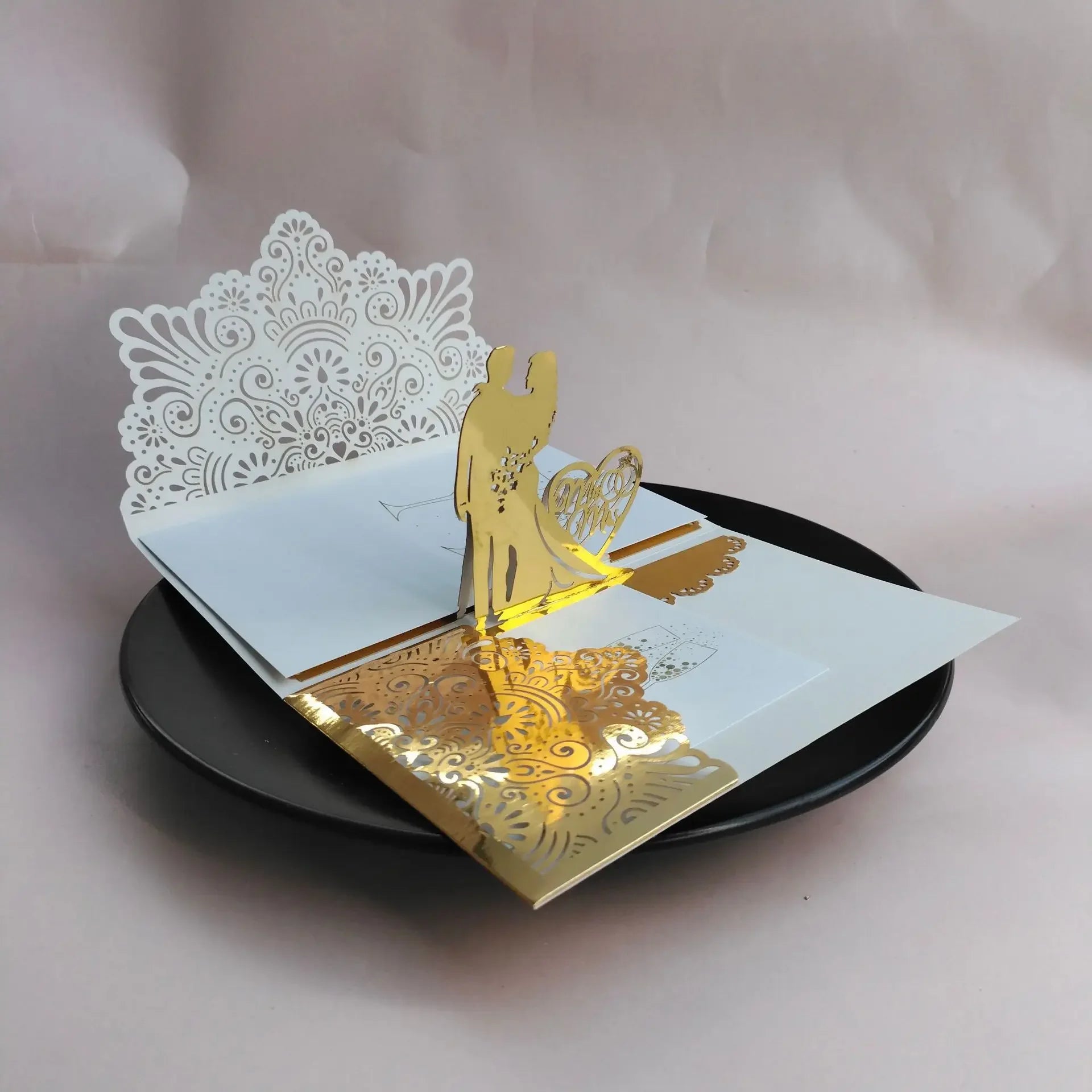 3D Bride And Groom Rose Gold Pop up Wedding invitations laser cut Greeting cards envelope Rsvp Navy blue White Pink