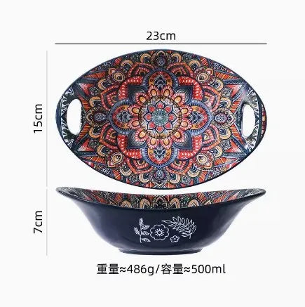 New Bohemian Style Ceramic Household Dishes with Handles Bowls Dishes and Household Dishes Set