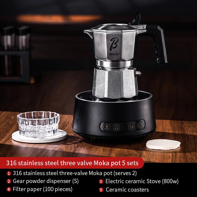 Bincoo Three-valve Moka Pot Set Stainless Steel Electric Pottery Pot Household Italian Espresso Coffee Pot Barista Accessories