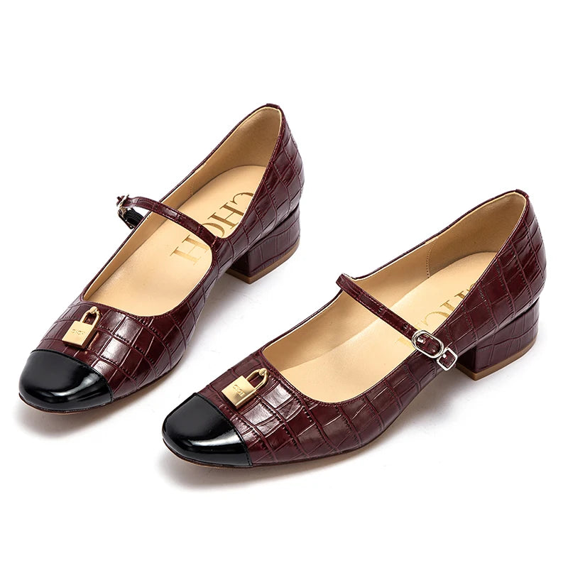 Women Casual Shoes Middle High Heels Spring Summer Leather Sandals Printed Metal Decoration Casual Leather Shoes