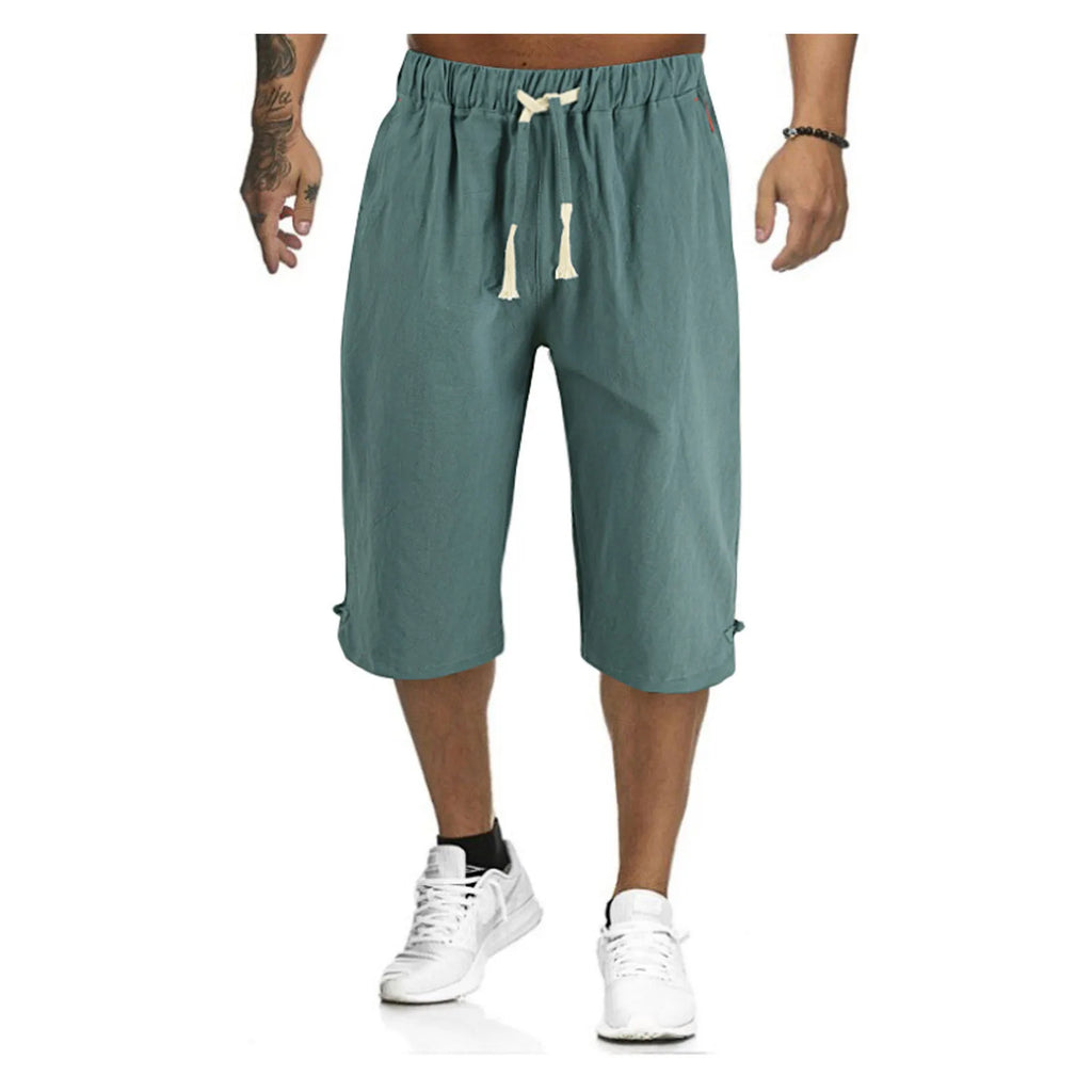 Cotton Linen Men'S Loose Tie Casual Pants Elastic Waist Beach Pants Linen Cropped Pants