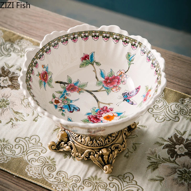 Classical Colorful Flower Pattern Fruit Bowl Storage Trays Snack Dessert Plate High Footed Fruits Plate Coffee Table Fruits Tray