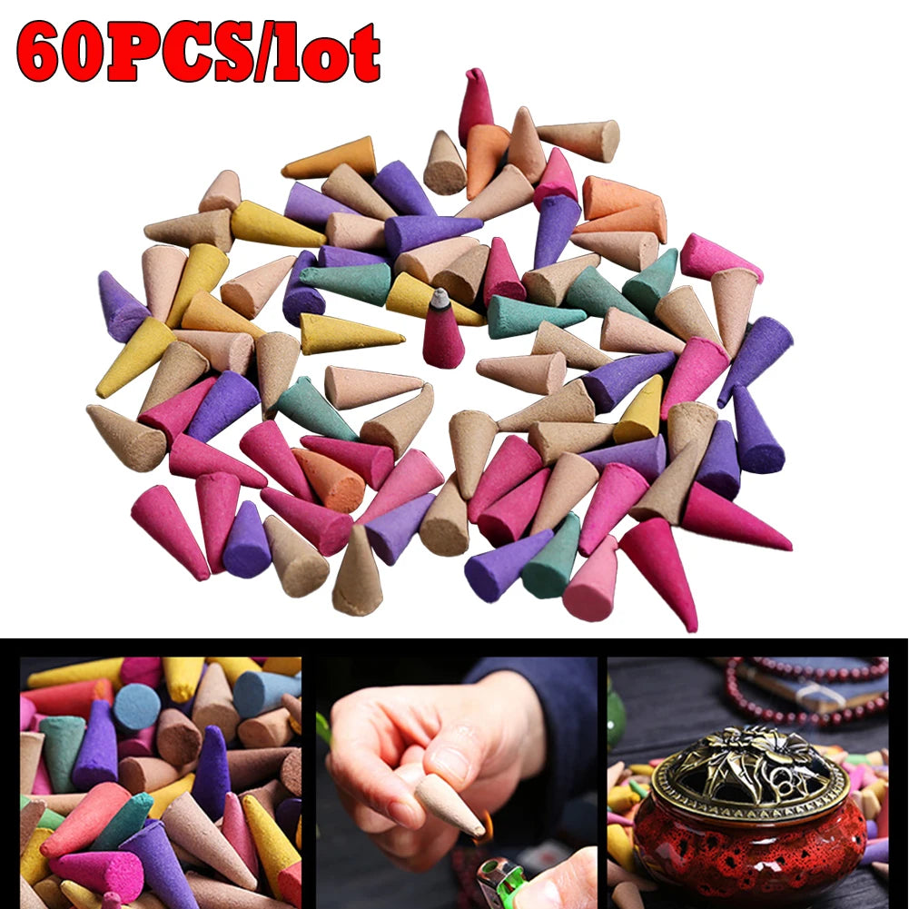60Pcs Scented Incense Cones Anxiety Relief Fragrance Incense Cones Natural Scents Cones for Meditation Relaxation