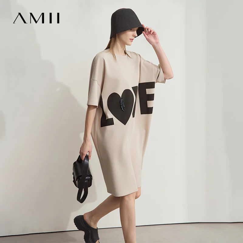 Amii Minimalist Knitted Dress For Women 2025 Summer New Round Neck Short Sleeve Loose Elastic Mid-long Printed Dress 12512014