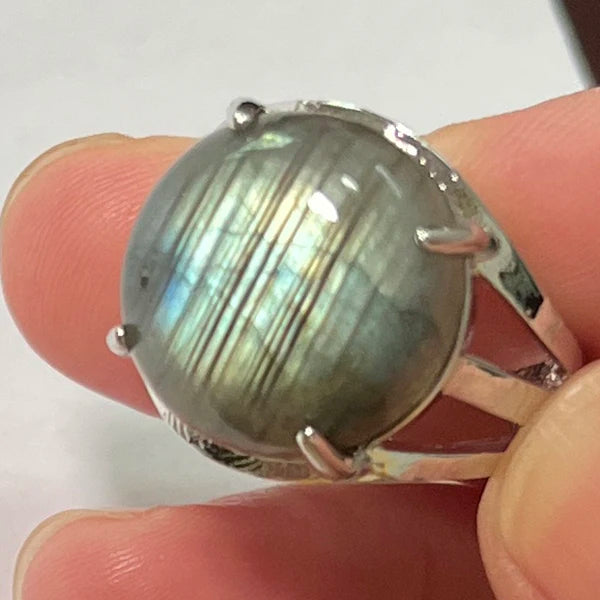 Ring Natural Stone Round Bead Blue Labradorite Adjustable Finger