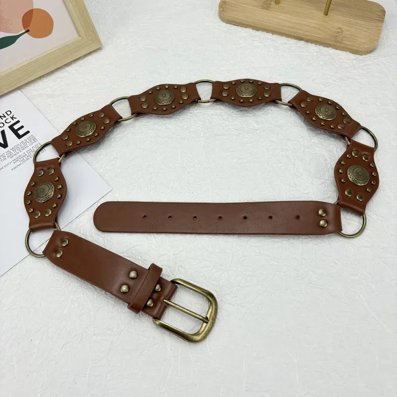 Vintage Circle Splicing Belts Cowboy Hollow PU Girdle Rivet Punk Metal Buckle Spice Girls Skirt Decoration Heavy Duty Wide Belt