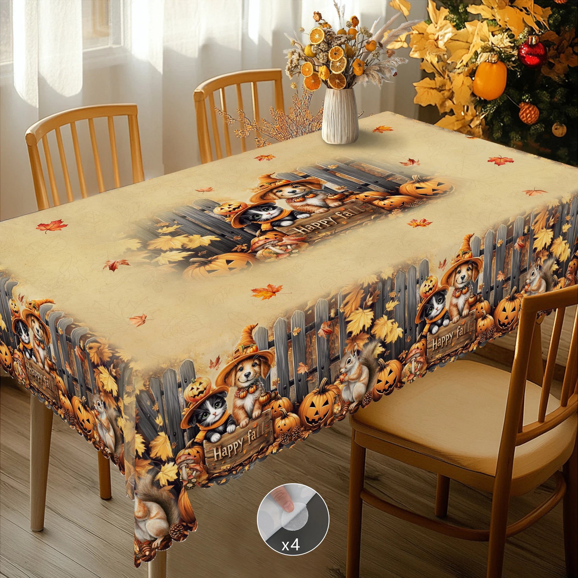 1 Piece of Autum Thanksgiving Themed Printed Tablecloth, Retro Country Farmhouse Style, Puppy, Kitten, Pumpkin Pattern Design, for Holiday Parties, Camping Picnic, Garden Birthday Party Decoration, Kitchen Accessories, Dining