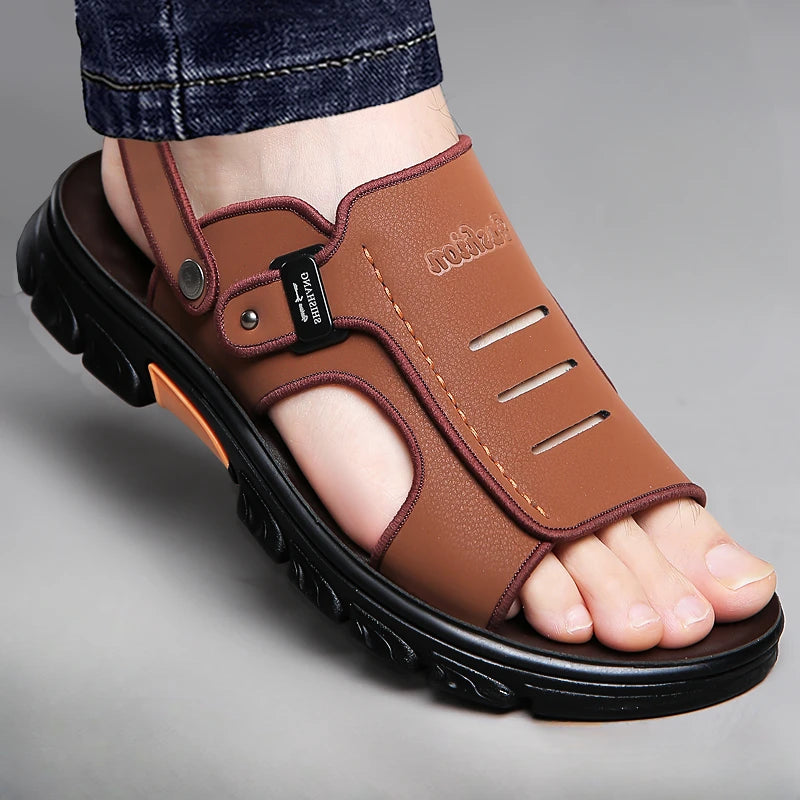 Male Shoe Slippers Genuine Leather Outdoor Trekking Hiking Beach Open Flat Men's Sandal Ankle Wrap Indoor New Arrival Number 41