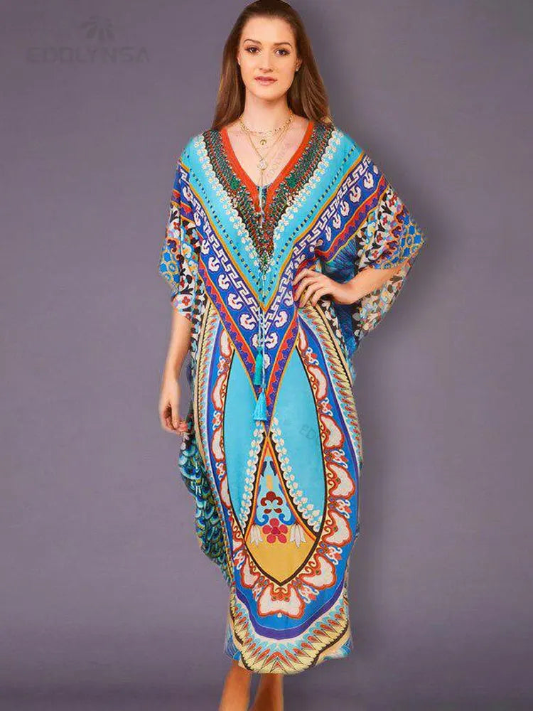 2025 Quick-drying Bohemian Printed Loose Summer Beach Dress Moroccan Kaftan Women Plus Size Beachwear Tassel Midi Dress Q897