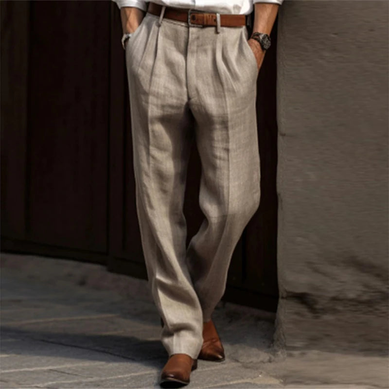 Cotton Linen Pants Men Business Casual Fashion Thin Suit Trouser Autumn Vintage Mens Solid Color Pleated New Design Waist Pants