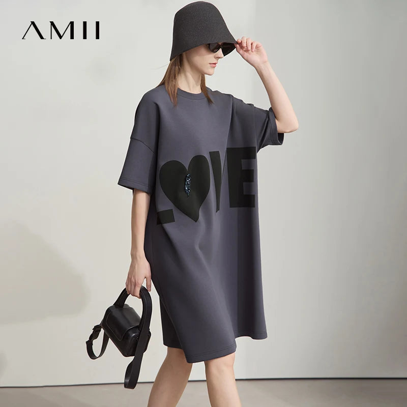 Amii Minimalist Knitted Dress For Women 2025 Summer New Round Neck Short Sleeve Loose Elastic Mid-long Printed Dress 12512014