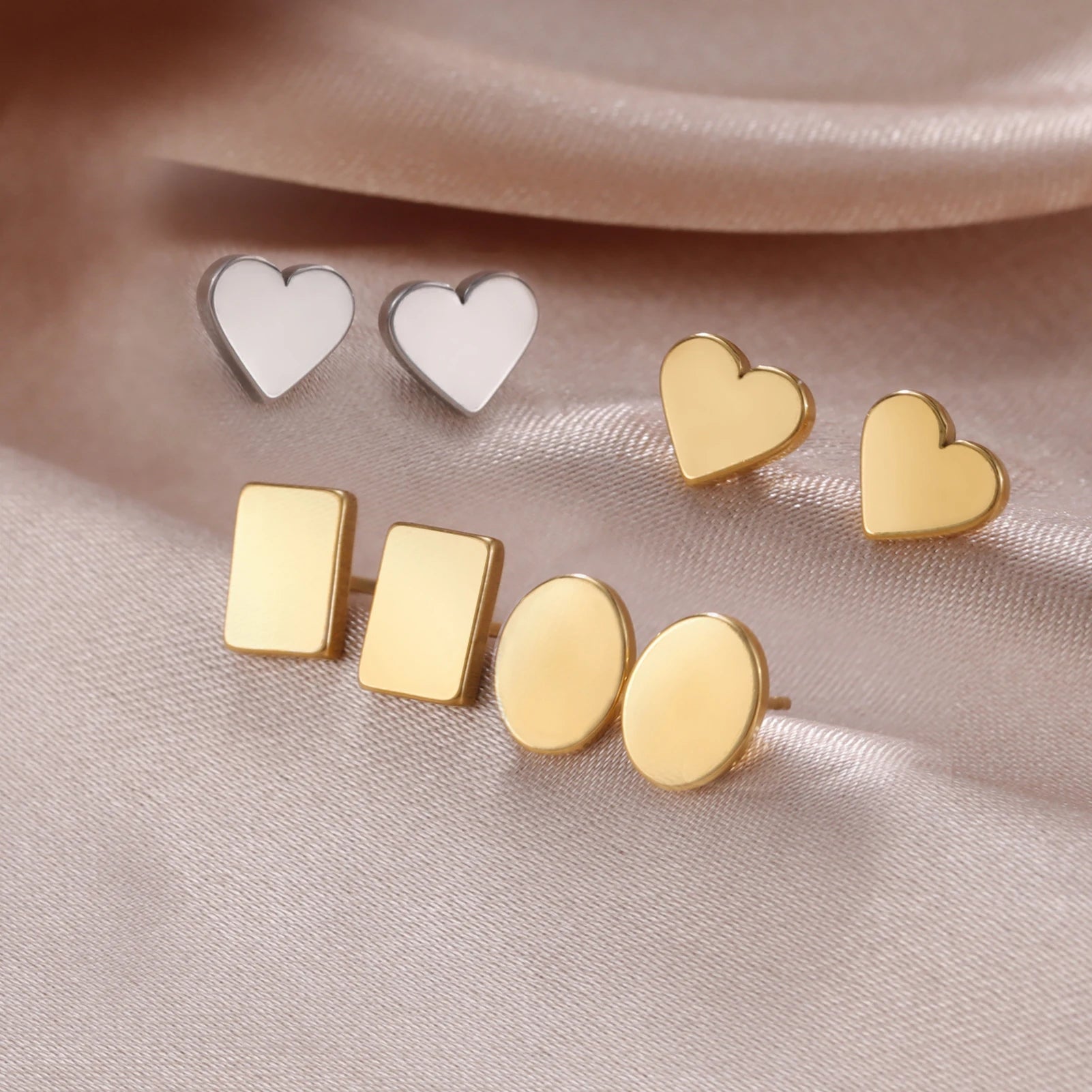 Skyrim Heart Stud Earrings Women Girls Stainless Steel Rectangle Oval Triangle Geometric Earring Minimalist Trend Jewelry Gifts