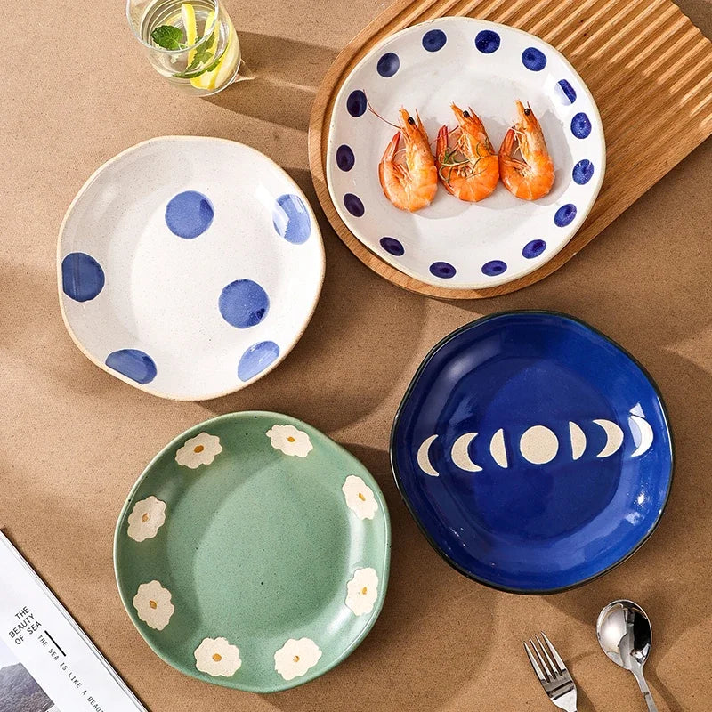 Japanese Vintage Hand Painted Dots Daisy Pottery Deep Plates Creative Moon Star Steak Flat Plate Handmade Salad Dinner Dishes