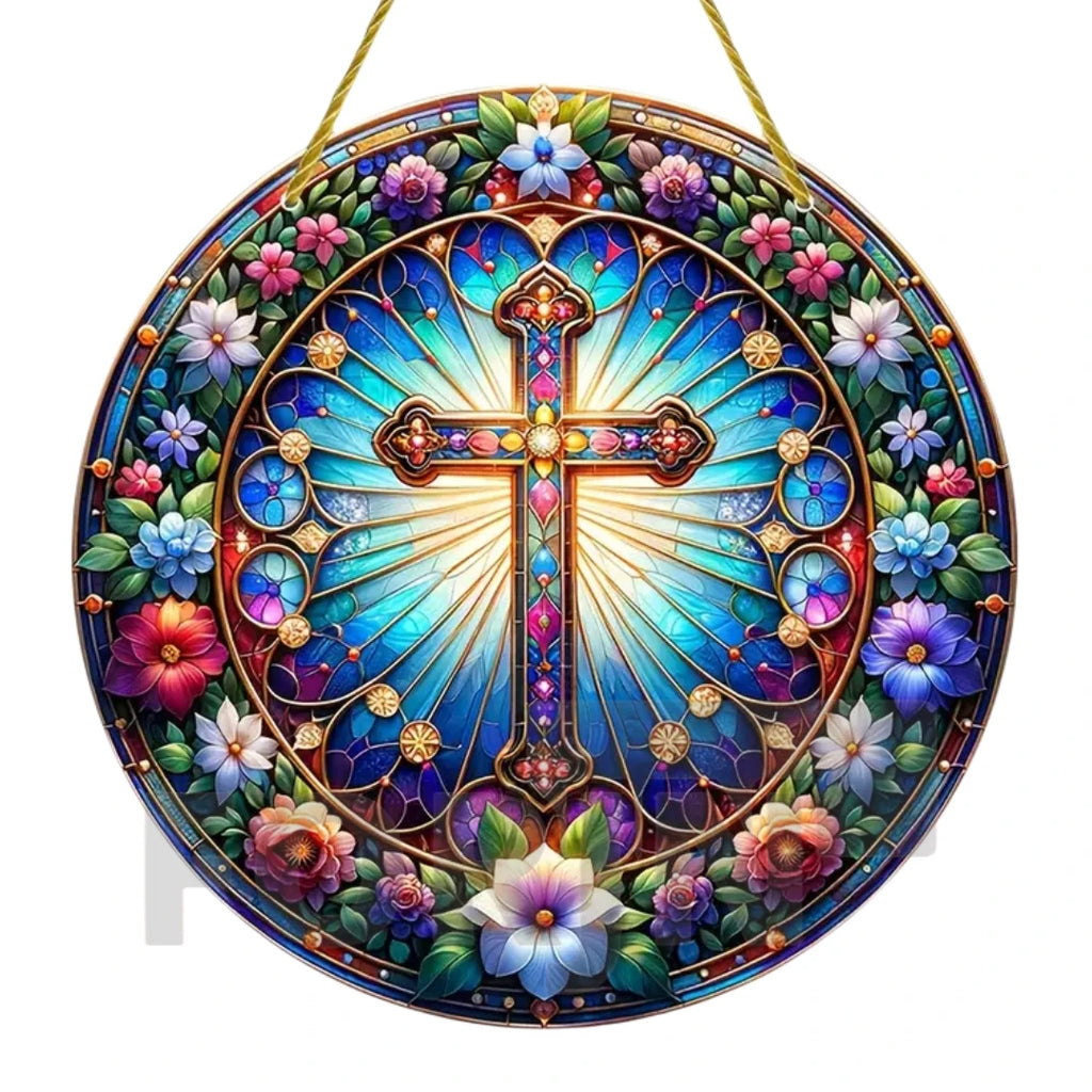 Cross Sun Catcher Acrylic Round Sign,Faux 3D Christianity Religious Pendant Plate,Home,Garden,Room,church,Holy Week&Easter Decor