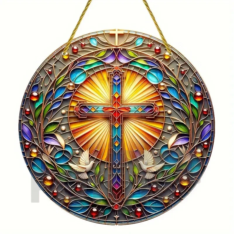 Cross Sun Catcher Acrylic Round Sign,Faux 3D Christianity Religious Pendant Plate,Home,Garden,Room,church,Holy Week&Easter Decor