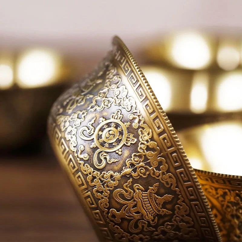 Relief Pure Copper Drinking Bowl Pure Brass Carved Auspicious Tibetan Holy Water Cup Golden Buddhist Bowl Home's Gift Decorative