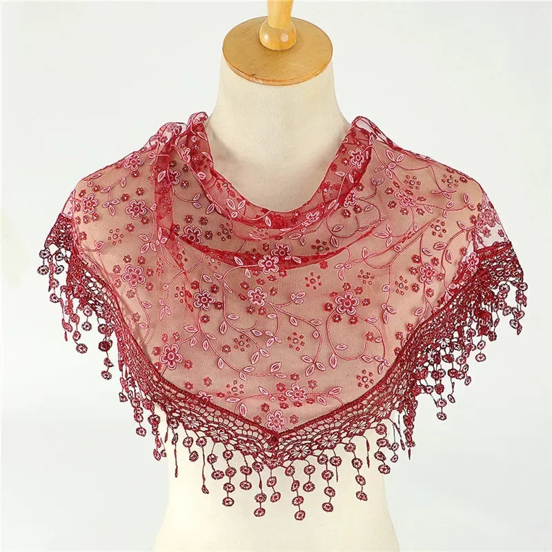Women Triangle Scarf for Church Prayer Shawl Embroidered Lace Veil Floral Tassel Veils Mantillas for The Church's Pendant Scarve
