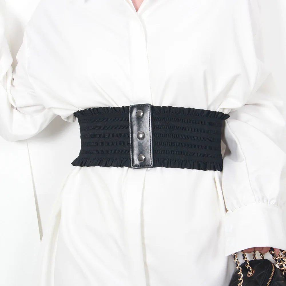 Ruffles Wide Belt Triple Buckle Elegant Elastic Waistband Decorative Dress Girdle for Women Large Size Luxury