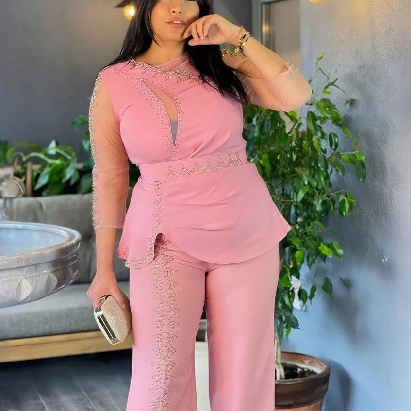 Women 2 Pieces Pants Sets African Ladies Blouse & Long Trousers Beaded Diamond Transparent Sleeve Fashion Business Work Outfits