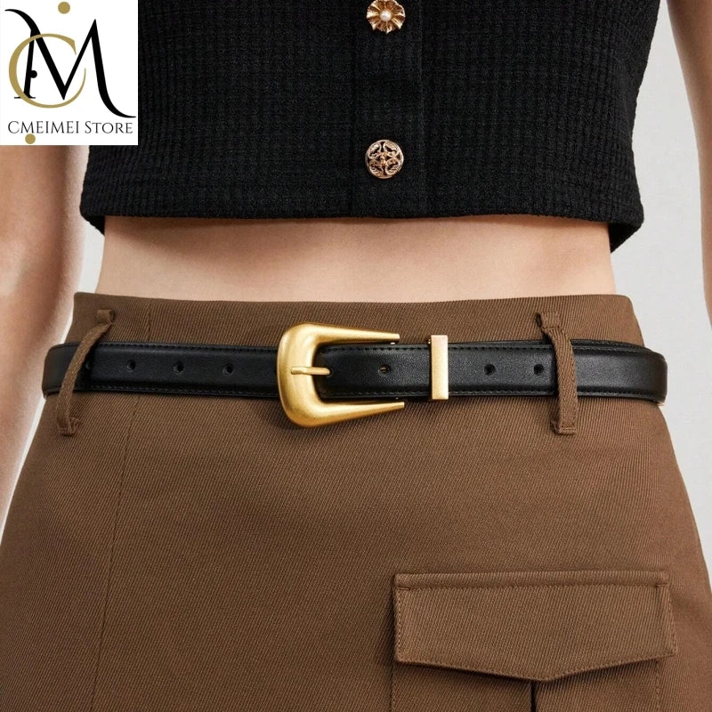 Genuine Leather Belt for Women Burgundy Leather Fashion Belts with Gold Metal Buckle Casual Luxury for Jeans Dresses