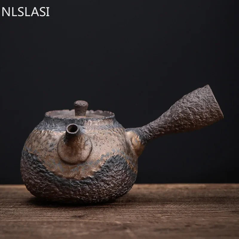 Japanese Rough Pottery Stone Pattern Pot Side Handle Handmade Teapot Retro Ceramic Tea Set Pu'er Tea Maker Portable Tea Pot
