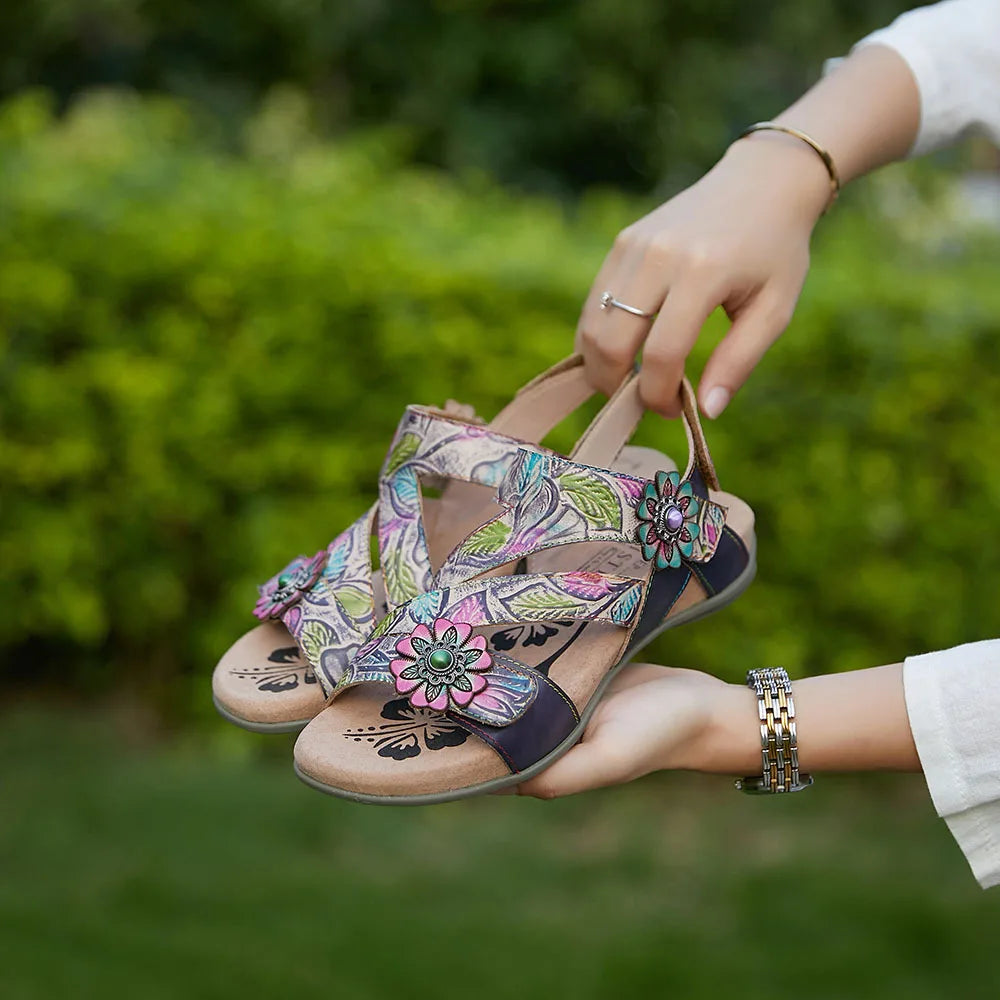 Johnature Bohemian Vintage Printed Genuine Leather Sandals Summer 2025 New Versatile Lightweight Women's Shoes